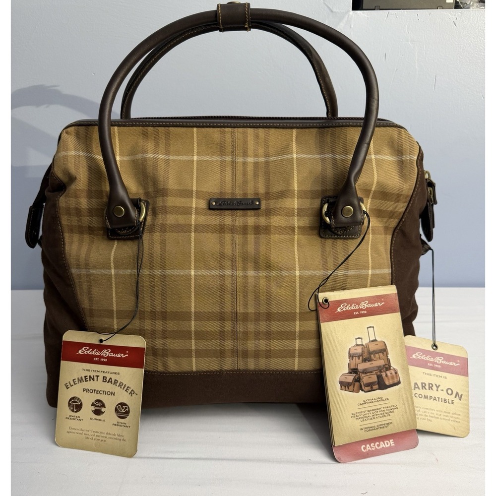 Eddie Bauer Plaid Check Brown Canvas Leather Duffel Travel Bag Luggage NWT